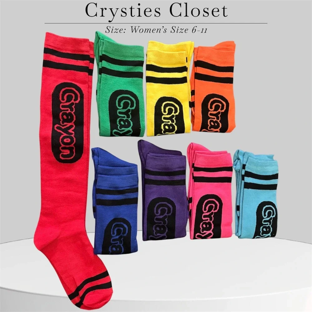 Crayon Knee High Socks Rainbow Colorful Costume Socks Women Size 6-11 Set of 8